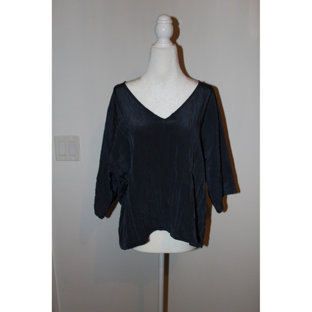 By Together Womens Navy Blue Crinkle Textured V-Neck Dolman Sleeve Blouse Size M